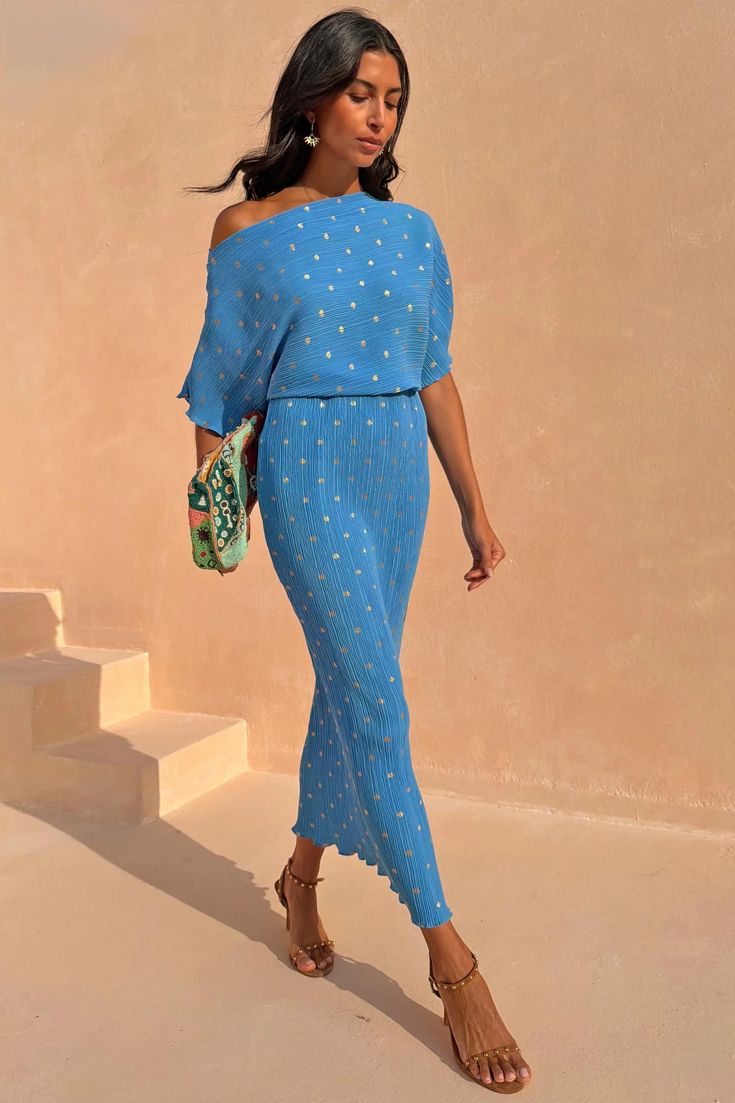 Blue Plisse Tilly Dress with Gold Fleck - Image 3