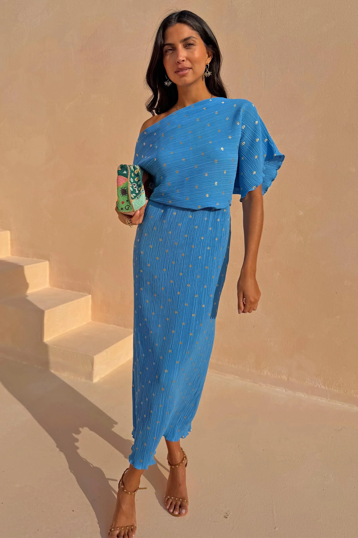 Blue Plisse Tilly Dress with Gold Fleck - Image 5