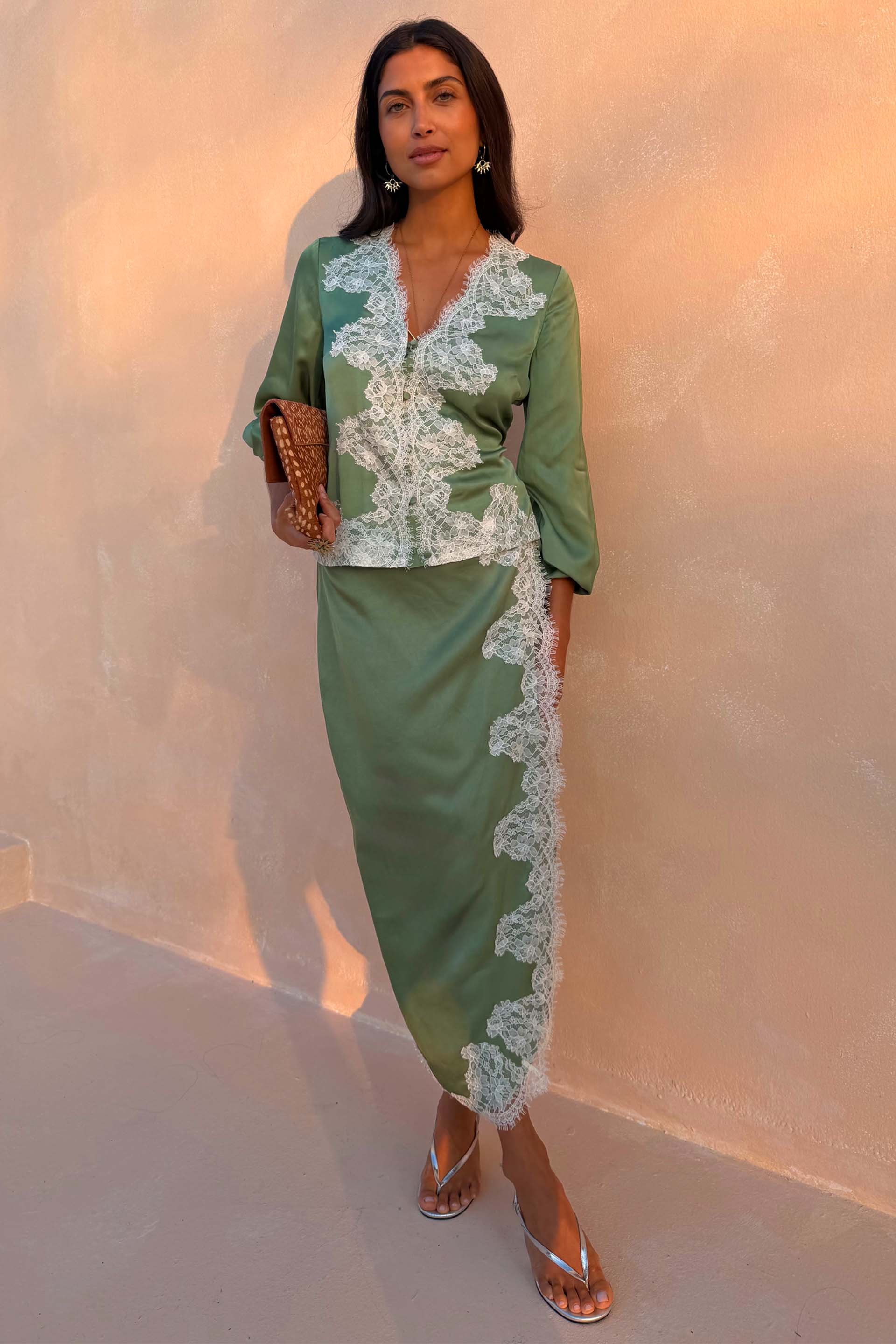 Green Lace Wrap Midi Skirt - Image 3