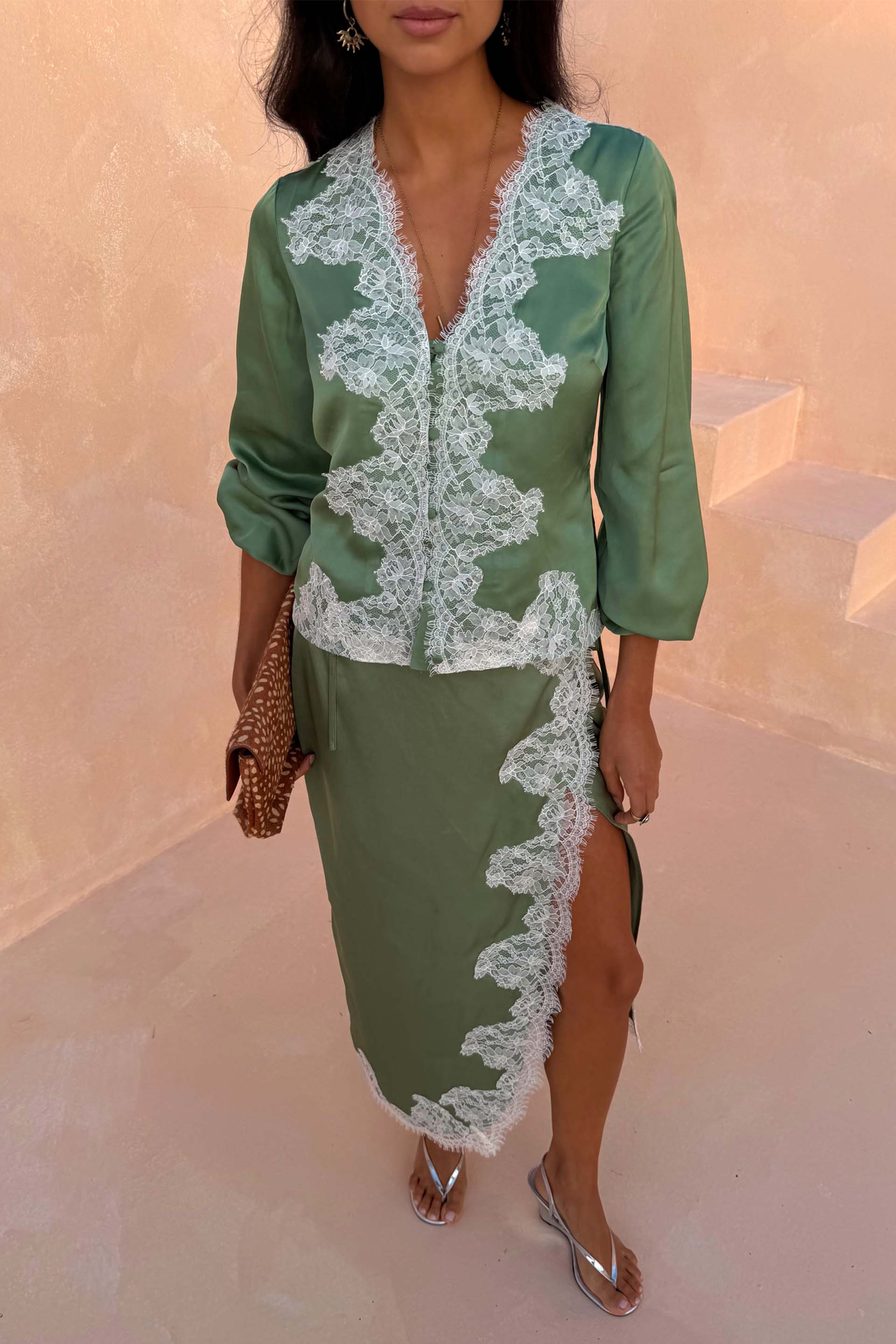Green Lace Wrap Midi Skirt - Image 4