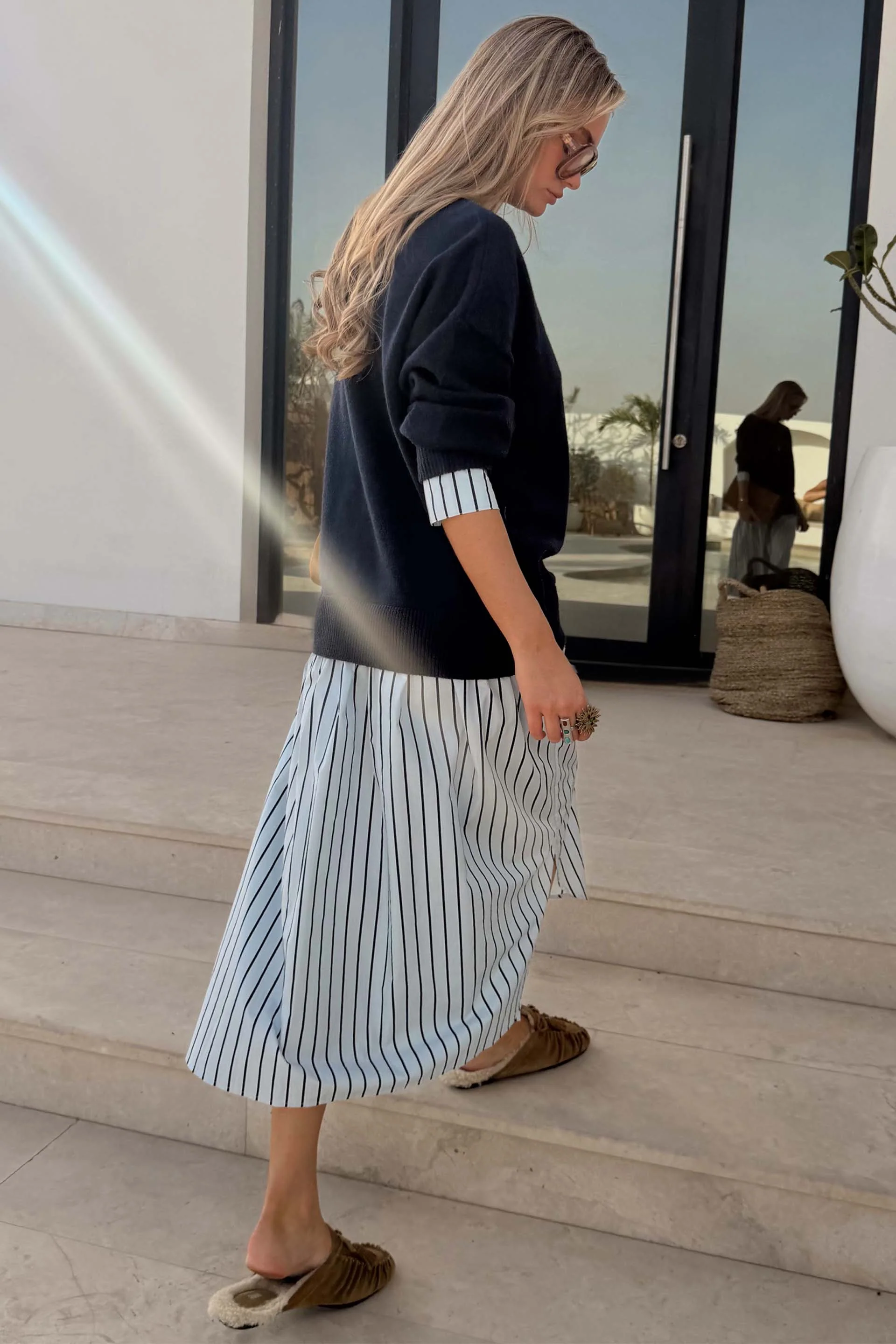 Navy Knit Jumper Dress with Stripe Cotton Skirt - Image 16