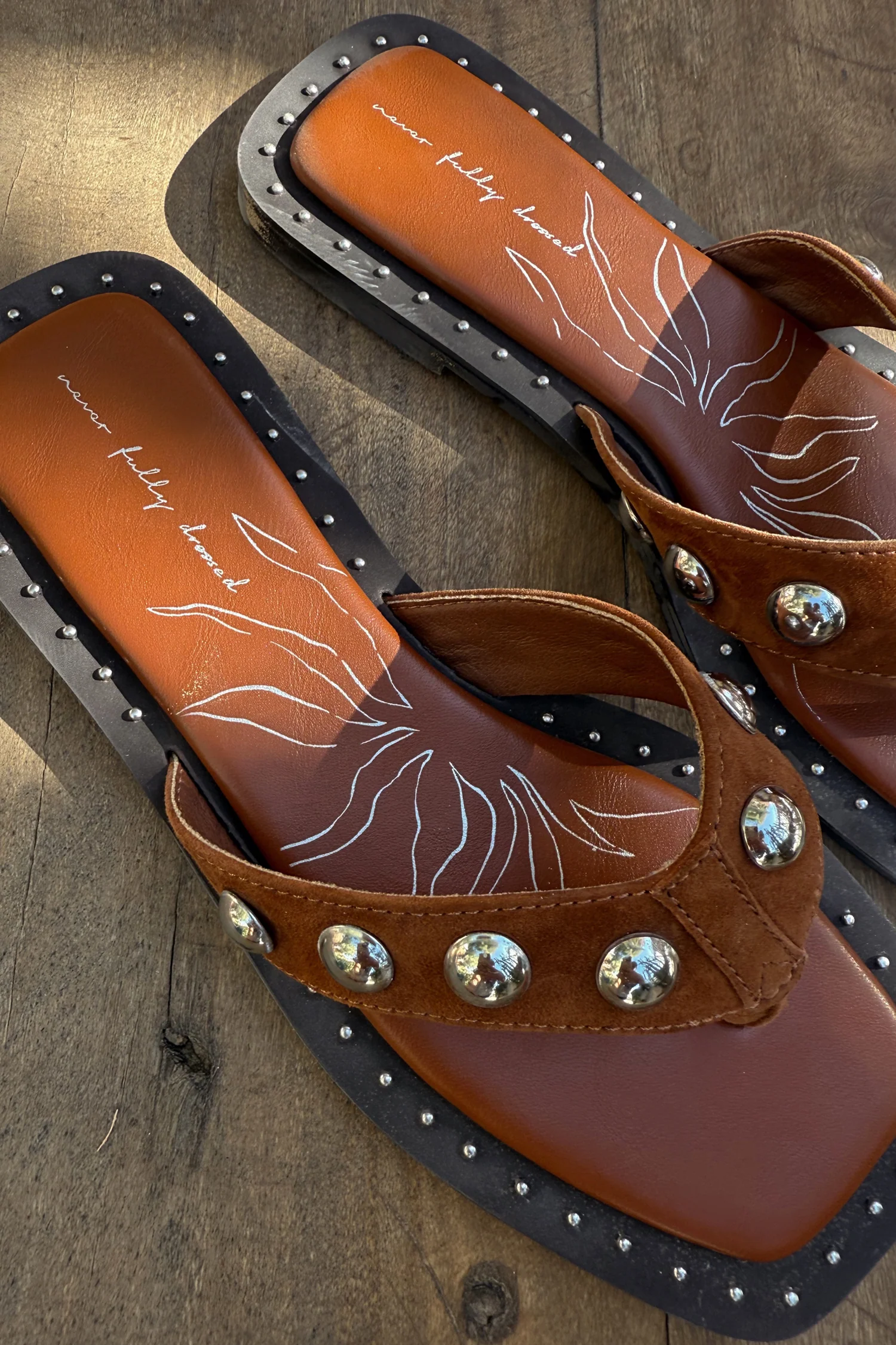 Tan Leather Stud Sandals - Image 2