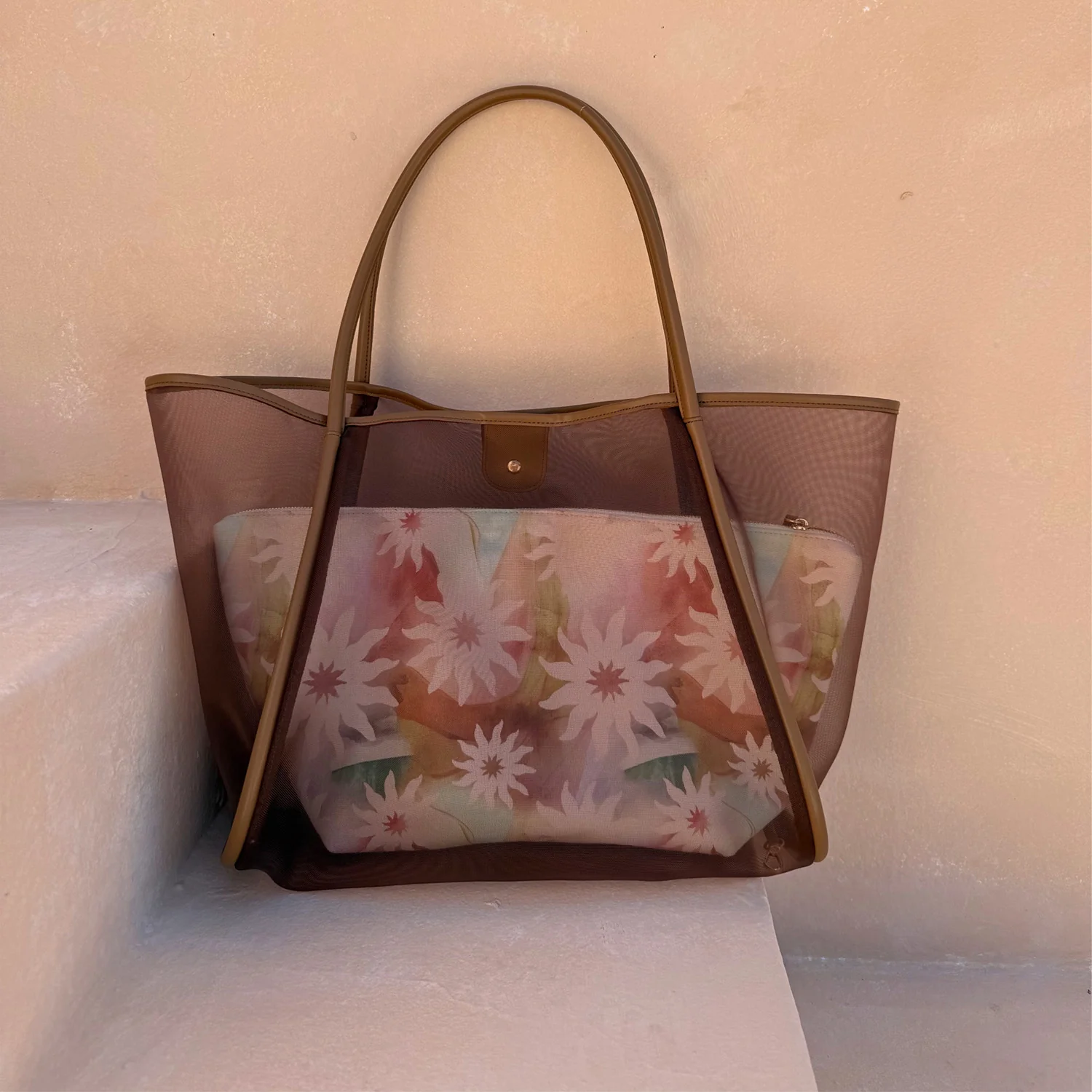 Tan Mesh Tote Bag